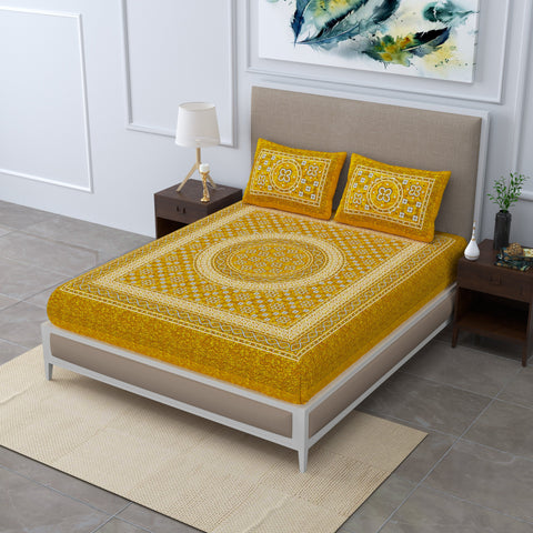 SheetKart Summer 144 TC 100% Cotton Bedsheet Jaipuri Printed with Pillow Covers (Yellow)