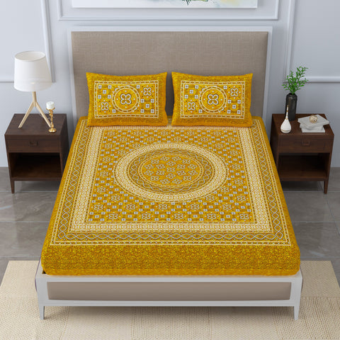SheetKart Summer 144 TC 100% Cotton Bedsheet Jaipuri Printed with Pillow Covers (Yellow)