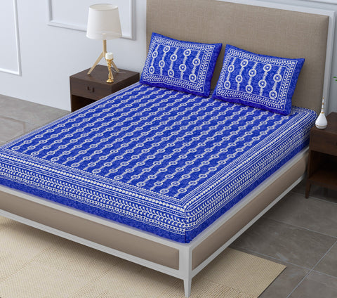 SheetKart Mosaic Jaipuri Traditonal Print 144 TC Cotton Double Bedsheet with 2 Pillow Covers, Pacific Blue