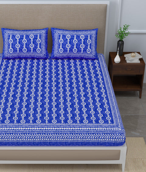 SheetKart Mosaic Jaipuri Traditonal Print 144 TC Cotton Double Bedsheet with 2 Pillow Covers, Pacific Blue