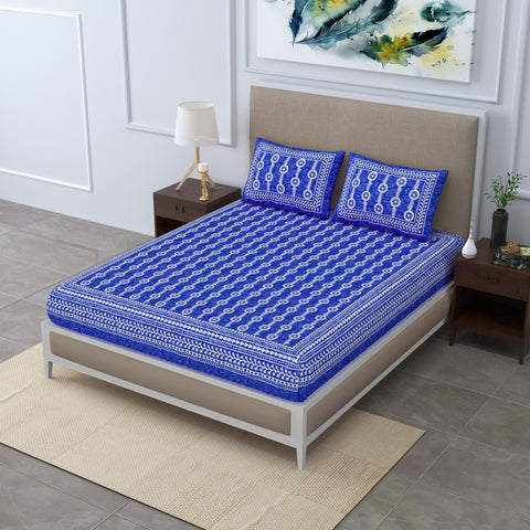 SheetKart Mosaic Jaipuri Traditonal Print 144 TC Cotton Double Bedsheet with 2 Pillow Covers, Pacific Blue