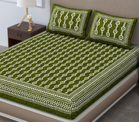 SheetKart - Mosiac 144 TC 100% Cotton Double Bedsheet with 2 Pillow Covers, Country Green