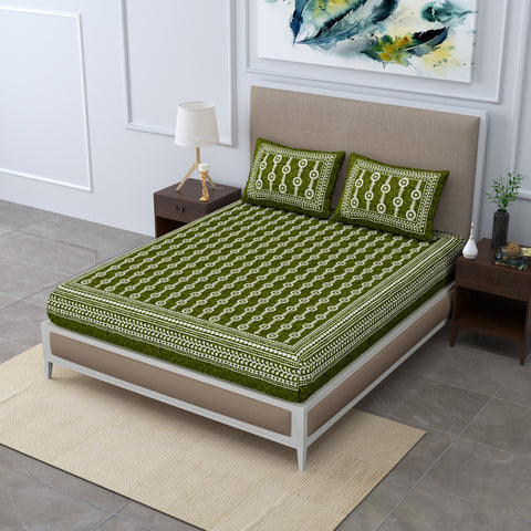 SheetKart - Mosiac 144 TC 100% Cotton Double Bedsheet with 2 Pillow Covers, Country Green
