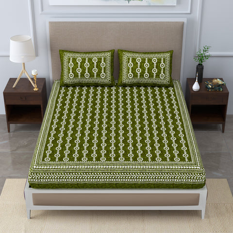 SheetKart - Mosiac 144 TC 100% Cotton Double Bedsheet with 2 Pillow Covers, Country Green