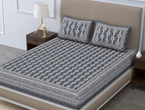 SheetKart Mosaic Jaipuri Traditonal Print 144 TC Cotton Double Bedsheet with 2 Pillow Covers, Tropic Grey