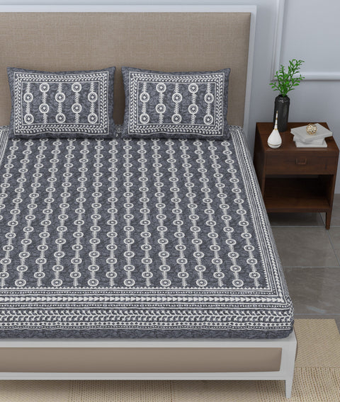 SheetKart Mosaic Jaipuri Traditonal Print 144 TC Cotton Double Bedsheet with 2 Pillow Covers, Tropic Grey