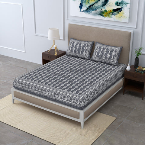 SheetKart Mosaic Jaipuri Traditonal Print 144 TC Cotton Double Bedsheet with 2 Pillow Covers, Tropic Grey