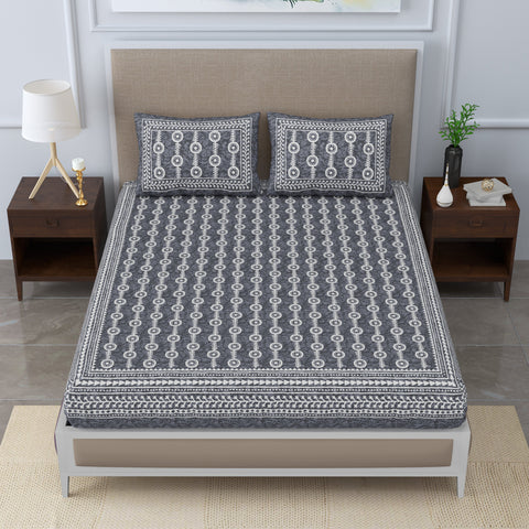 SheetKart Mosaic Jaipuri Traditonal Print 144 TC Cotton Double Bedsheet with 2 Pillow Covers, Tropic Grey