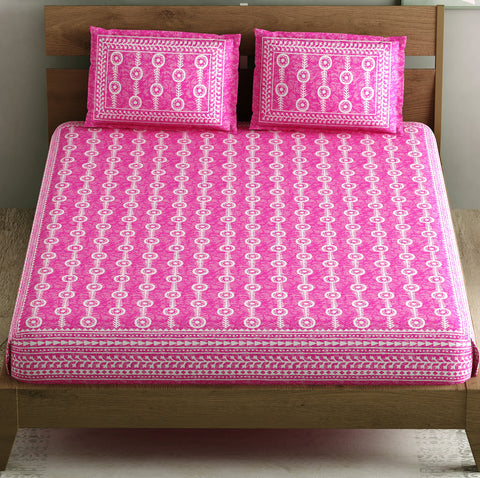 SheetKart - Mosiac 144 TC 100% Cotton Double Bedsheet with 2 Pillow Covers, Coral Pink