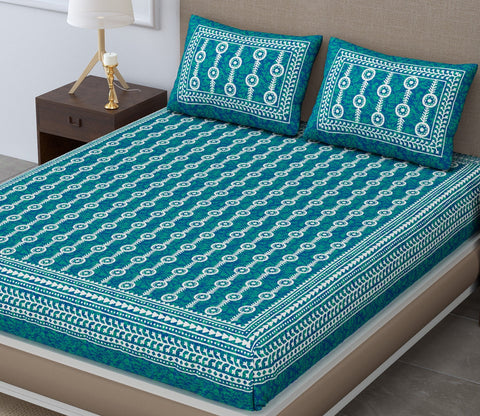 SheetKart - Glitz 144 TC 100% Cotton Double Bedsheet with 2 Pillow Covers, Sea Green