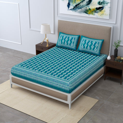 SheetKart - Glitz 144 TC 100% Cotton Double Bedsheet with 2 Pillow Covers, Sea Green