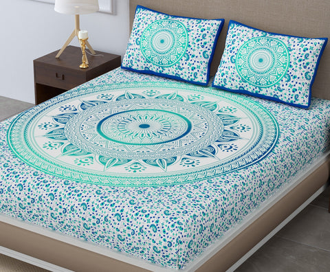 SheetKart Ombre Mandala 144 TC 100% Cotton Double Bedsheet with 2 Pillow Covers - Turquoise Treat