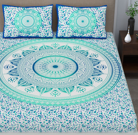 SheetKart Ombre Mandala 144 TC 100% Cotton Double Bedsheet with 2 Pillow Covers - Turquoise Treat