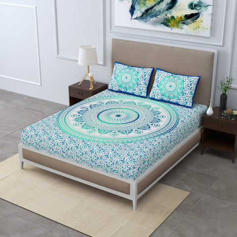 SheetKart Ombre Mandala 144 TC 100% Cotton Double Bedsheet with 2 Pillow Covers - Turquoise Treat