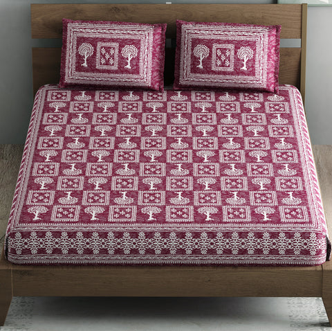 SheetKart - Floral Fiest 144 TC 100% Cotton Double Bedsheet with 2 Pillow Covers - Roast Chocolate