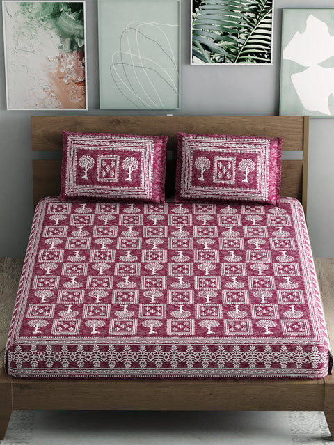 SheetKart - Floral Fiest 144 TC 100% Cotton Double Bedsheet with 2 Pillow Covers - Roast Chocolate
