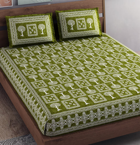 SheetKart - Floral Fiest 144 TC 100% Cotton Double Bedsheet with 2 Pillow Covers - Sprout Green
