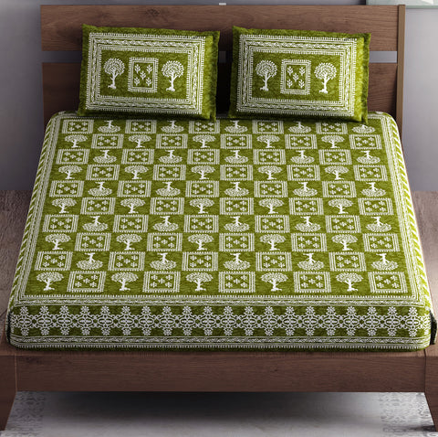 SheetKart - Floral Fiest 144 TC 100% Cotton Double Bedsheet with 2 Pillow Covers - Sprout Green