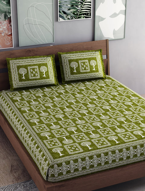 SheetKart - Floral Fiest 144 TC 100% Cotton Double Bedsheet with 2 Pillow Covers - Sprout Green
