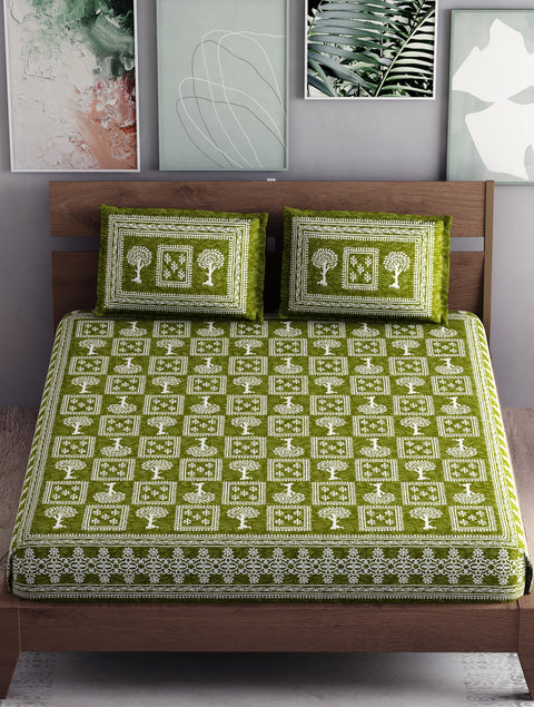 SheetKart - Floral Fiest 144 TC 100% Cotton Double Bedsheet with 2 Pillow Covers - Sprout Green