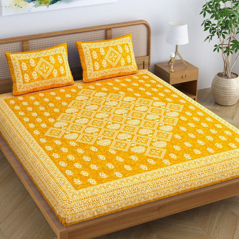 SheetKart Corrugate 144 TC 100% Cotton Double Bedsheet Jaipuri Printed Bed Cover with 2 Pillow Covers (Yellow, Double) 