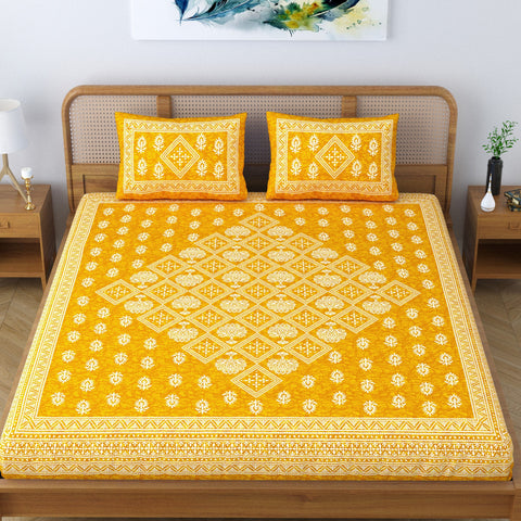 SheetKart Corrugate 144 TC 100% Cotton Double Bedsheet Jaipuri Printed Bed Cover with 2 Pillow Covers (Yellow, Double) 