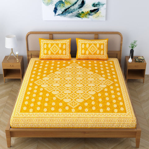 SheetKart Corrugate 144 TC 100% Cotton Double Bedsheet Jaipuri Printed Bed Cover with 2 Pillow Covers (Yellow, Double) 