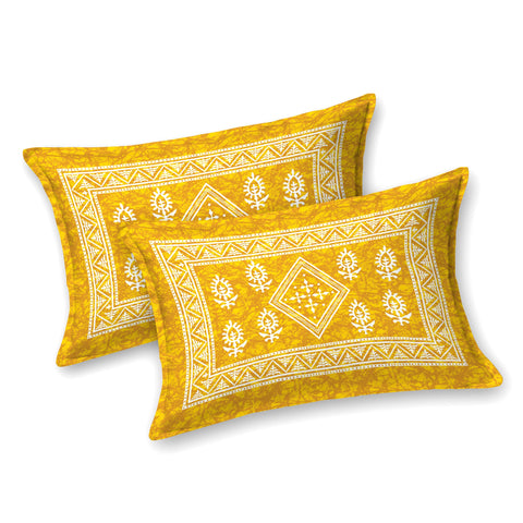 SheetKart Corrugate 144 TC 100% Cotton Double Bedsheet Jaipuri Printed Bed Cover with 2 Pillow Covers (Yellow, Double) 