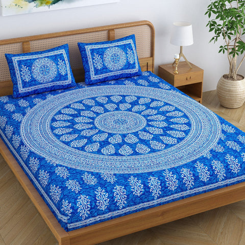SheetKart Floral Motif 144 TC 100% Cotton Double Bedsheet Jaipuri Printed Bed Cover with 2 Pillow Covers - Placid Blue 
