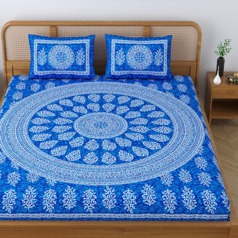 SheetKart Floral Motif 144 TC 100% Cotton Double Bedsheet Jaipuri Printed Bed Cover with 2 Pillow Covers - Placid Blue 