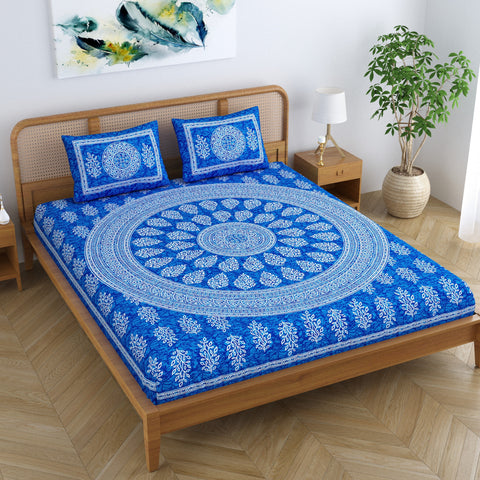 SheetKart Floral Motif 144 TC 100% Cotton Double Bedsheet Jaipuri Printed Bed Cover with 2 Pillow Covers - Placid Blue 