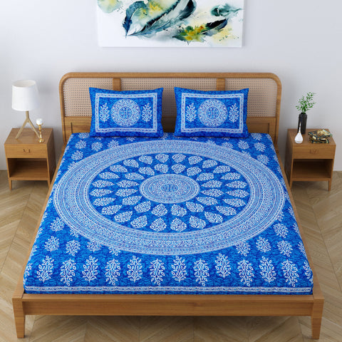 SheetKart Floral Motif 144 TC 100% Cotton Double Bedsheet Jaipuri Printed Bed Cover with 2 Pillow Covers - Placid Blue 