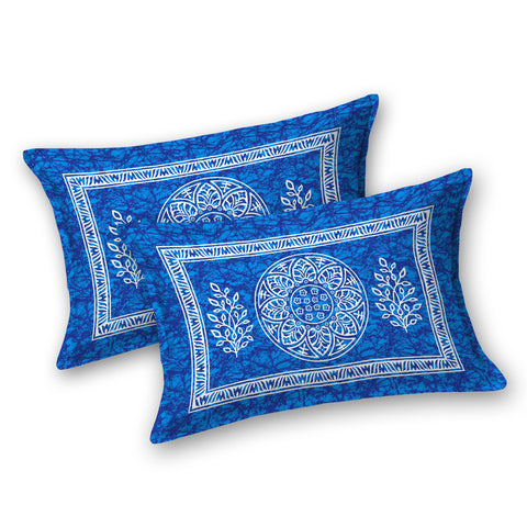 SheetKart Floral Motif 144 TC 100% Cotton Double Bedsheet Jaipuri Printed Bed Cover with 2 Pillow Covers - Placid Blue 