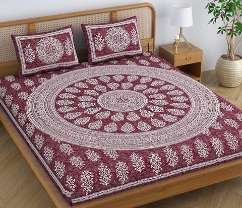 SheetKart Floral Motif 144 TC 100% Cotton Double Bedsheet Jaipuri Printed Bed Cover with 2 Pillow Covers - Choco Seed 