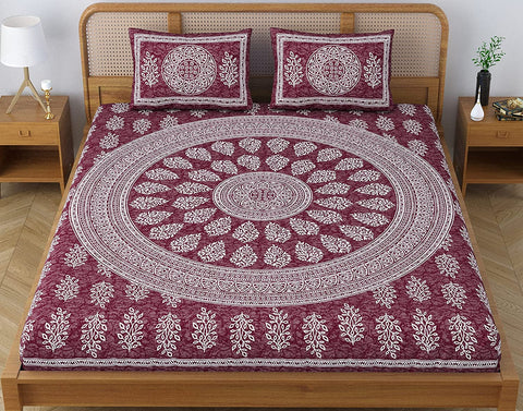 SheetKart Floral Motif 144 TC 100% Cotton Double Bedsheet Jaipuri Printed Bed Cover with 2 Pillow Covers - Choco Seed 