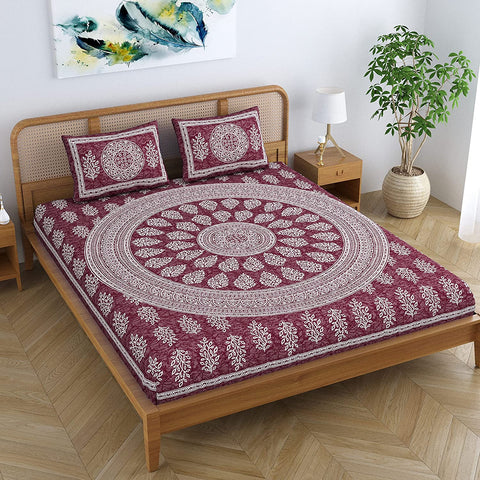 SheetKart Floral Motif 144 TC 100% Cotton Double Bedsheet Jaipuri Printed Bed Cover with 2 Pillow Covers - Choco Seed 