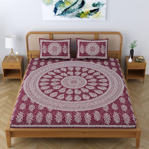 SheetKart Floral Motif 144 TC 100% Cotton Double Bedsheet Jaipuri Printed Bed Cover with 2 Pillow Covers - Choco Seed 