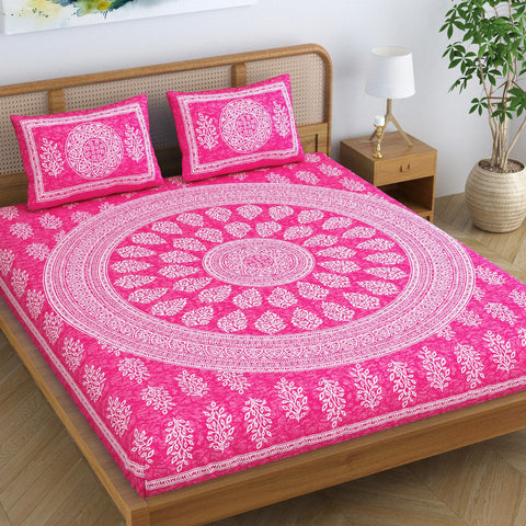 SheetKart Floral Motif 100% Cotton Double Bedsheet Jaipuri Printed Bed Cover with 2 Pillow Covers - Pink Pearl