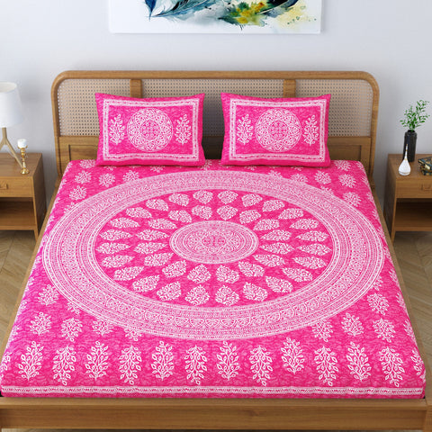 SheetKart Floral Motif 100% Cotton Double Bedsheet Jaipuri Printed Bed Cover with 2 Pillow Covers - Pink Pearl