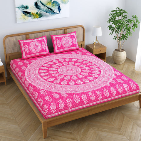 SheetKart Floral Motif 100% Cotton Double Bedsheet Jaipuri Printed Bed Cover with 2 Pillow Covers - Pink Pearl