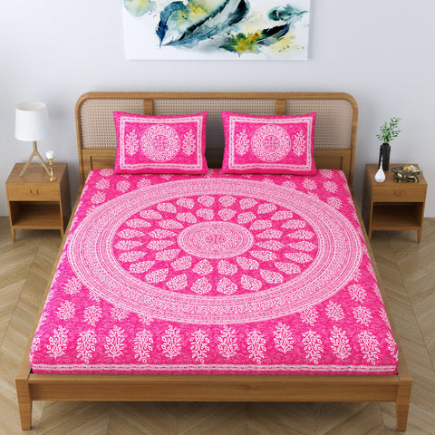 SheetKart Floral Motif 100% Cotton Double Bedsheet Jaipuri Printed Bed Cover with 2 Pillow Covers - Pink Pearl
