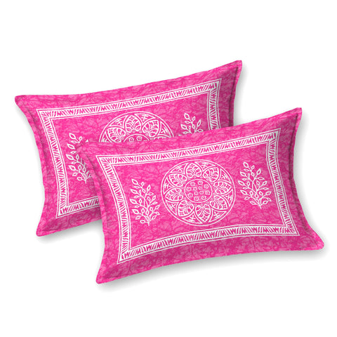 SheetKart Floral Motif 100% Cotton Double Bedsheet Jaipuri Printed Bed Cover with 2 Pillow Covers - Pink Pearl