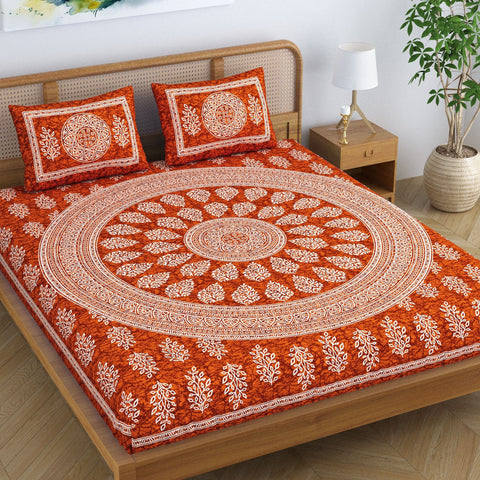 SheetKart Floral Motif 100% Cotton Double Bedsheet Jaipuri Printed Bed Cover with 2 Pillow Covers - Caramel Red 