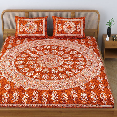 SheetKart Floral Motif 100% Cotton Double Bedsheet Jaipuri Printed Bed Cover with 2 Pillow Covers - Caramel Red 