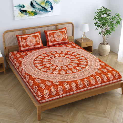 SheetKart Floral Motif 100% Cotton Double Bedsheet Jaipuri Printed Bed Cover with 2 Pillow Covers - Caramel Red 