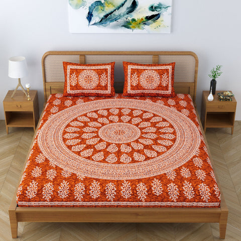 SheetKart Floral Motif 100% Cotton Double Bedsheet Jaipuri Printed Bed Cover with 2 Pillow Covers - Caramel Red 