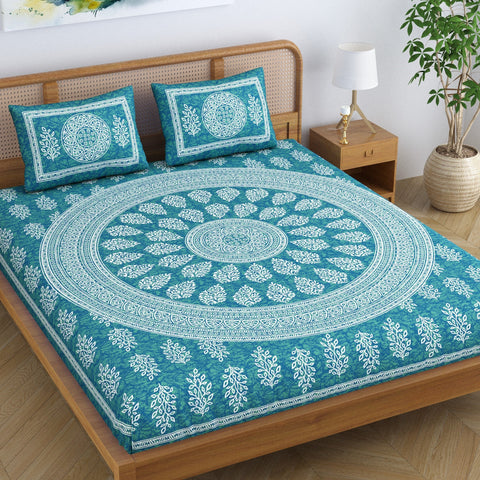 SheetKart Floral Motif 144 TC 100% Cotton Double Bedsheet Jaipuri Printed Bed Cover with 2 Pillow Covers - Sea Green 