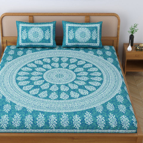 SheetKart Floral Motif 144 TC 100% Cotton Double Bedsheet Jaipuri Printed Bed Cover with 2 Pillow Covers - Sea Green 