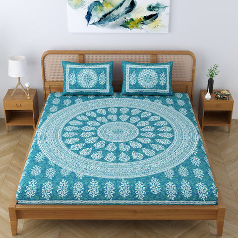 SheetKart Floral Motif 144 TC 100% Cotton Double Bedsheet Jaipuri Printed Bed Cover with 2 Pillow Covers - Sea Green 