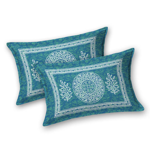 SheetKart Floral Motif 144 TC 100% Cotton Double Bedsheet Jaipuri Printed Bed Cover with 2 Pillow Covers - Sea Green 